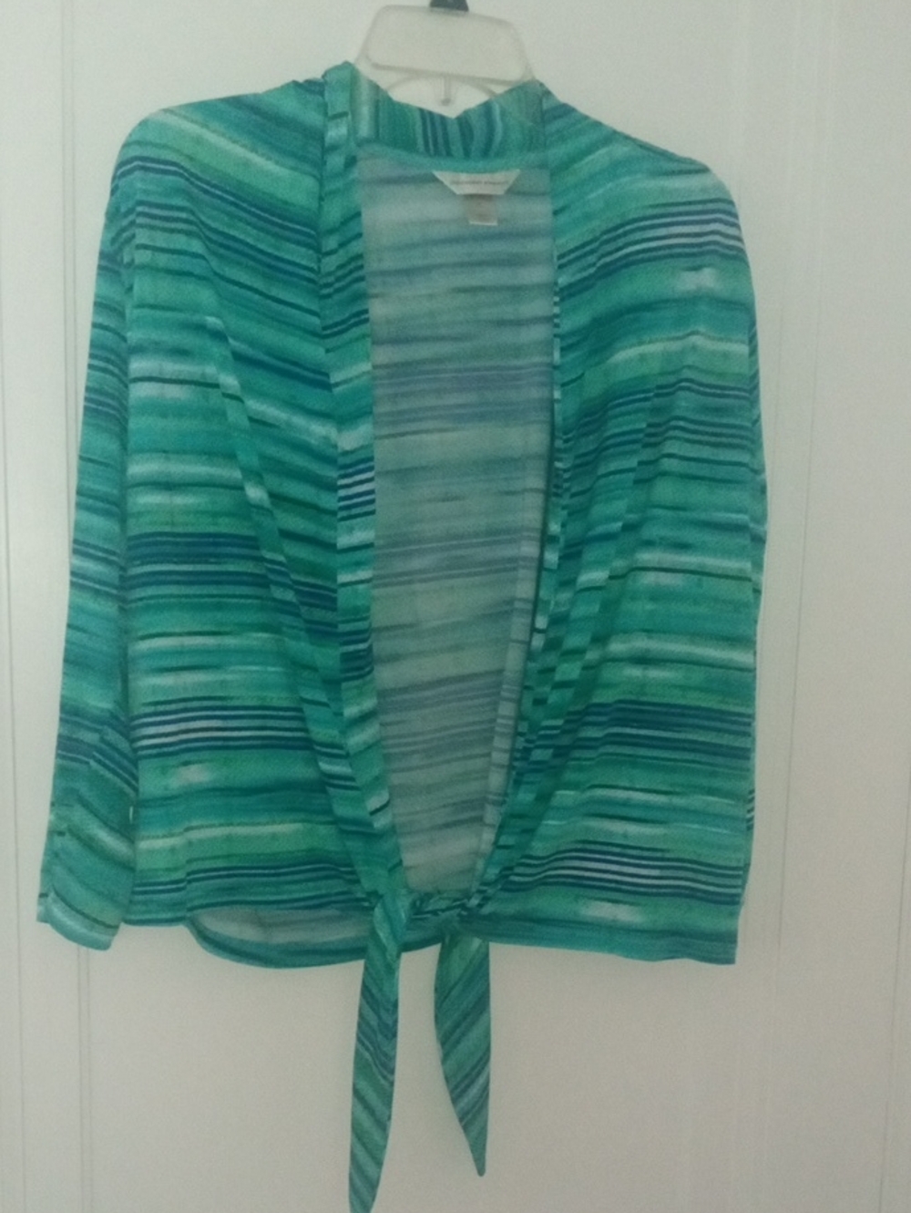 Striped Tie-Front Open front long sleeve Teal Green XL